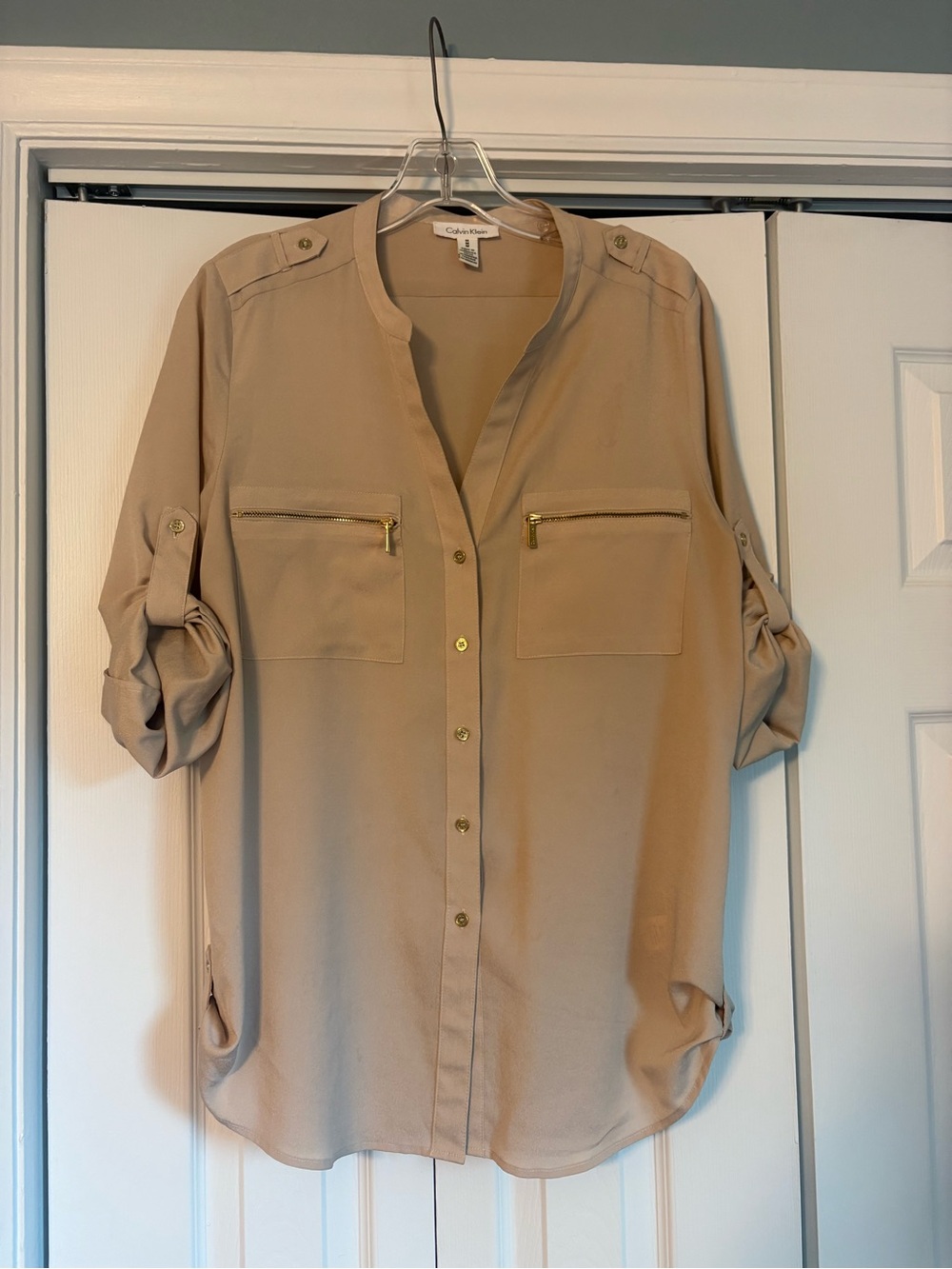 Calvin Klein Women's Tan Button-Front Utility Shirt with Gold Zippers